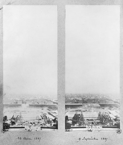 Two views of the construction of the Eiffel Tower, Paris, 10th August and 9th September 1887 by French Photographer